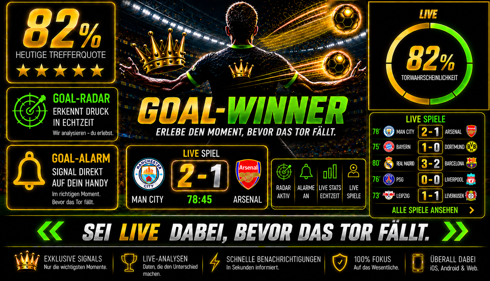 Goal-Winner Stadion mit Spieler, Live-Anzeige und Torwahrscheinlichkeit